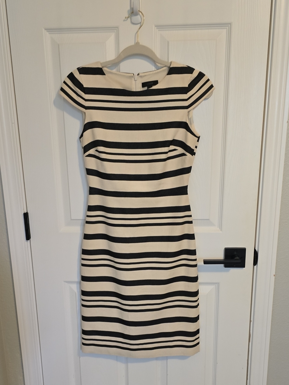 J. Crew Black and Cream Striped Cap-Sleeve Sheath Dress